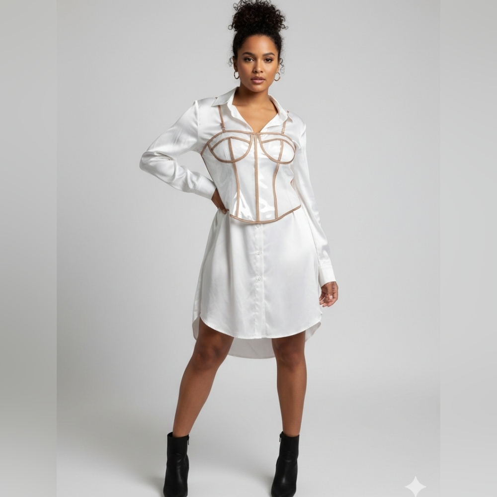 White Satin Dress with Brown Accents